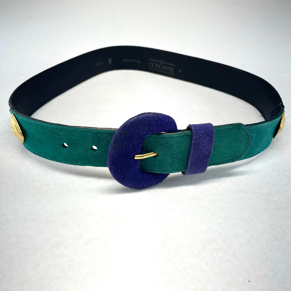 Vintage Doncaster Green Leather Belt Gold Medallion Buckle Suede Accent Medium
